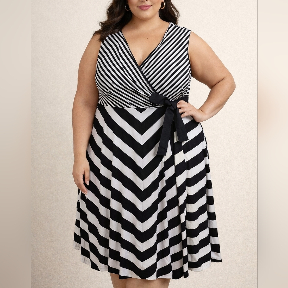 NWT ASHRO Black & White Chevron And Striped Faux Wrap Dress Plus Size 3X